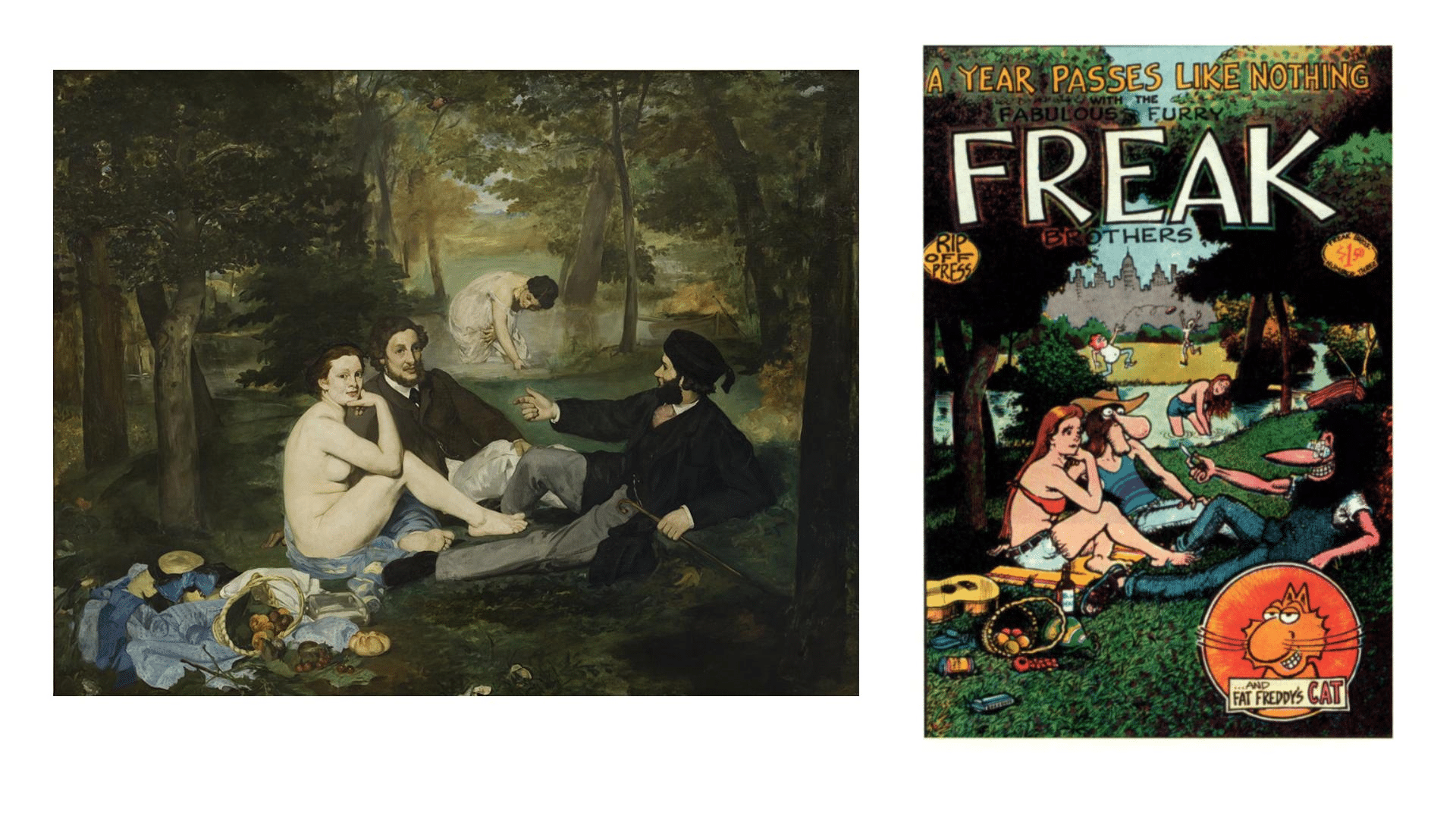 Comparación entre 'Almuerzo sobre la hierba' de Manet y 'The Fabulous Furry Freak Brothers' de Shelton