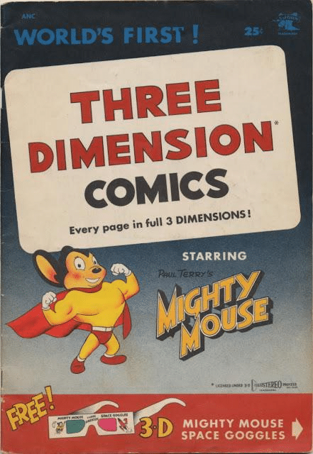 Portada del primer cómic en 3D: Three-Dimension Comics #1 con Mighty Mouse
