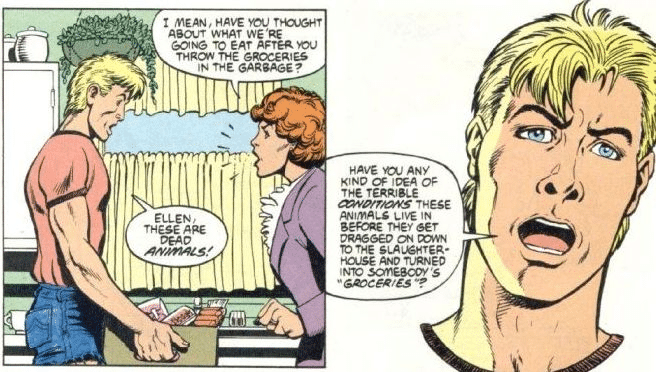 Animal Man defending animal rights